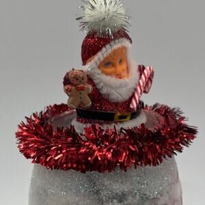 Vintage Kitsch Glitter Santa in Mini Cordial/Martini Glass Gingerbread OMG OOAK